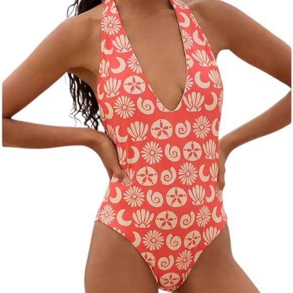 Farm Rio x Anthropologie Plunge Halter One-Piece Swimsuit, Beads, Orange, Small - Picture 2 of 11
